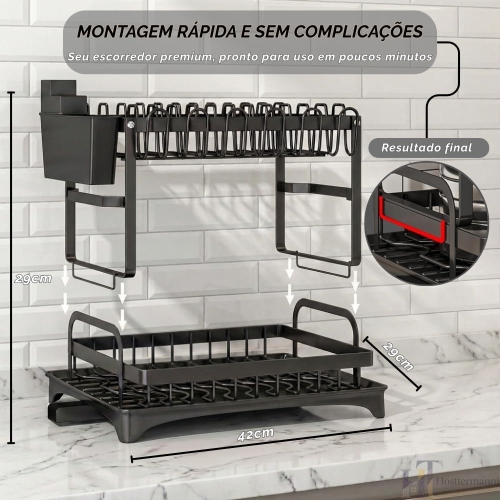 Escorredor de Louça 2 Andares Aço Carbono Preto Inox