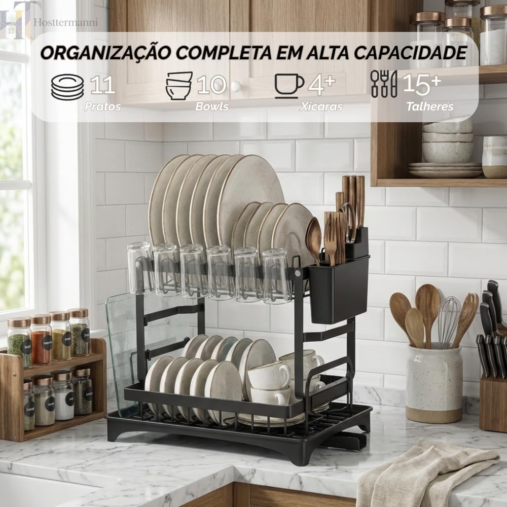 Escorredor de Louça 2 Andares Aço Carbono Preto Inox